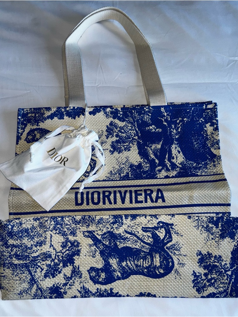 Dior Dioriviera Blue And Natural Canvas Tote